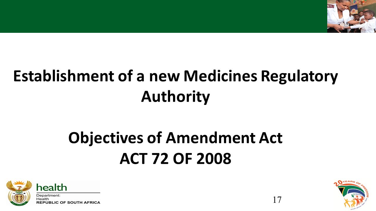 Establishment of a new Medicines Regulatory Authority Objectives of Amendment Act ACT 72 OF