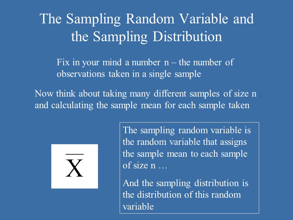 The Sampling Random Variable and the Sampling Distribution Fix in your mind a number n – the number of observations taken in a single sample Now think about taking many different samples of size n and calculating the sample mean for each sample taken The sampling random variable is the random variable that assigns the sample mean to each sample of size n … And the sampling distribution is the distribution of this random variable