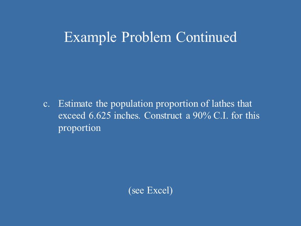 Example Problem Continued (see Excel) c.Estimate the population proportion of lathes that exceed inches.