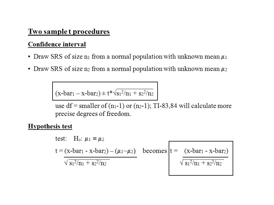 Two sample t procedures Confidence interval Draw SRS of size n 1 from a normal population with unknown mean  1 Draw SRS of size n 2 from a normal population with unknown mean  2 (x-bar 1 – x-bar 2 ) ± t*√s 1 2 /n 1 + s 2 2 /n 2 use df = smaller of (n 1 -1) or (n 2 -1); TI-83,84 will calculate more precise degrees of freedom.