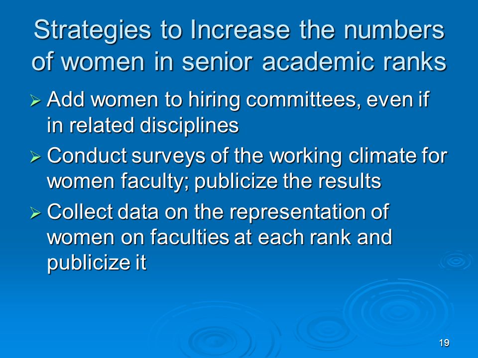 19 Strategies to Increase the numbers of women in senior academic ranks  Add women to hiring committees, even if in related disciplines  Conduct surveys of the working climate for women faculty; publicize the results  Collect data on the representation of women on faculties at each rank and publicize it