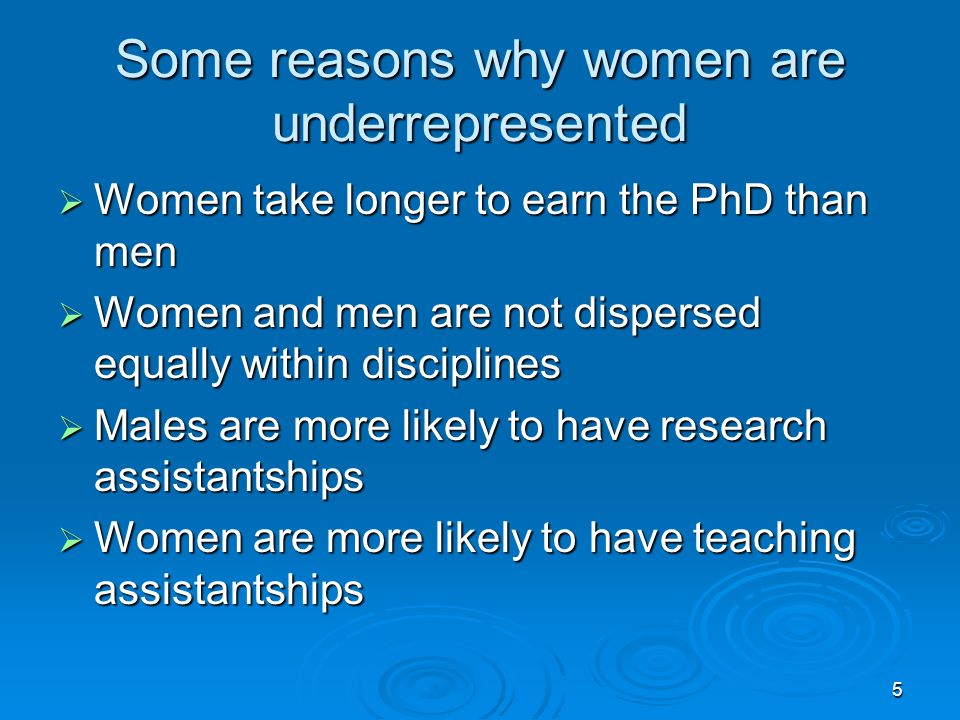 5 Some reasons why women are underrepresented  Women take longer to earn the PhD than men  Women and men are not dispersed equally within disciplines  Males are more likely to have research assistantships  Women are more likely to have teaching assistantships