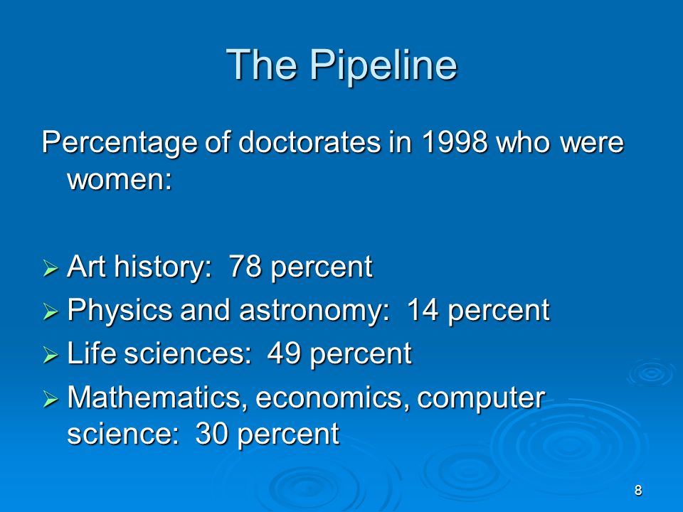 8 The Pipeline Percentage of doctorates in 1998 who were women:  Art history: 78 percent  Physics and astronomy: 14 percent  Life sciences: 49 percent  Mathematics, economics, computer science: 30 percent