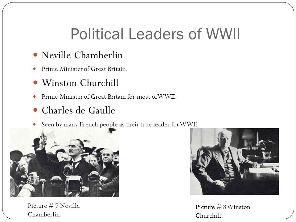 Political Leaders of WWII Neville Chamberlin Prime Minister of Great Britain.