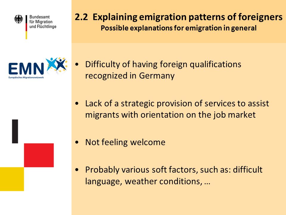 2.2 Explaining emigration patterns of foreigners Possible explanations for emigration in general Difficulty of having foreign qualifications recognized in Germany Lack of a strategic provision of services to assist migrants with orientation on the job market Not feeling welcome Probably various soft factors, such as: difficult language, weather conditions, …