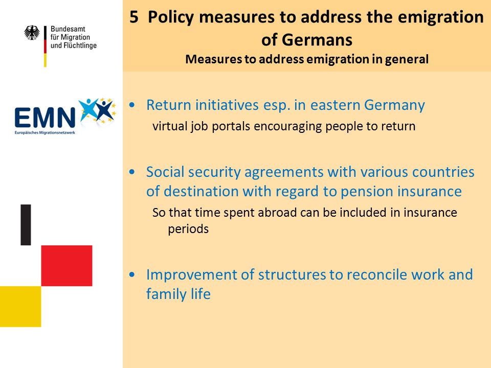 5 Policy measures to address the emigration of Germans Measures to address emigration in general Return initiatives esp.