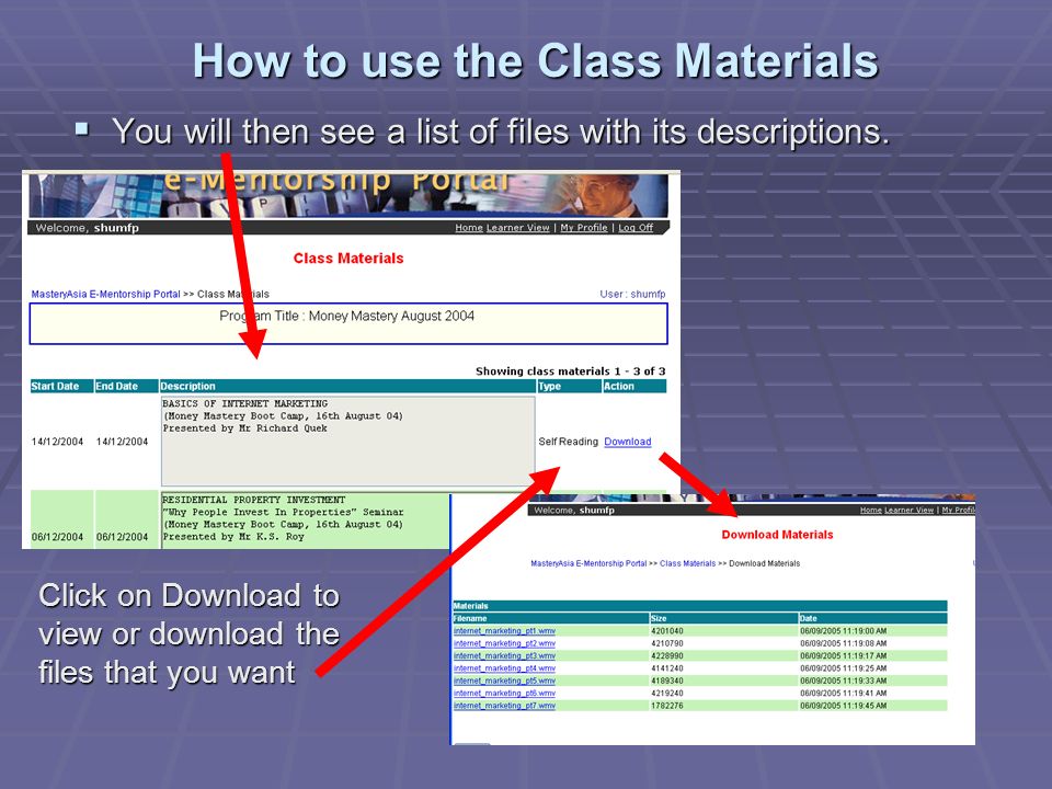 How to use the Class Materials  You will then see a list of files with its descriptions.