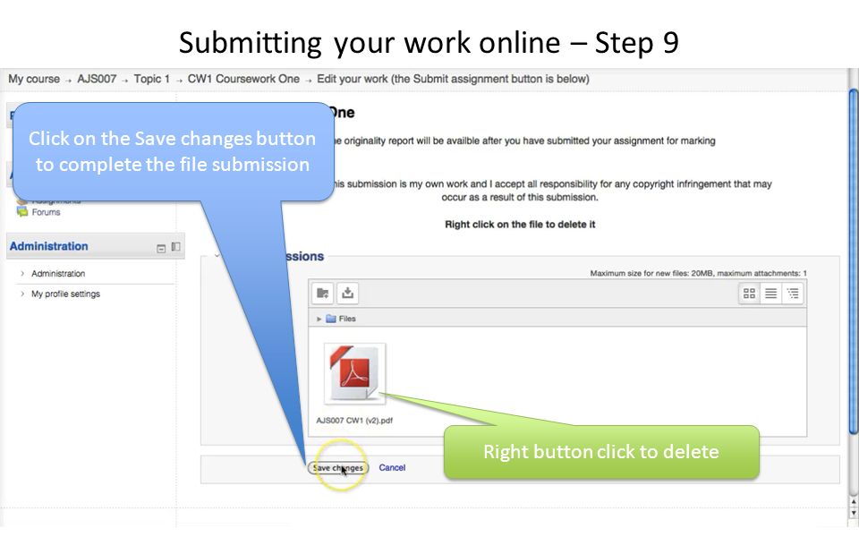 Click on the Save changes button to complete the file submission Right button click to delete Submitting your work online – Step 9