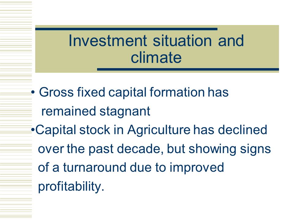 Investment situation and climate Gross fixed capital formation has remained stagnant Capital stock in Agriculture has declined over the past decade, but showing signs of a turnaround due to improved profitability.