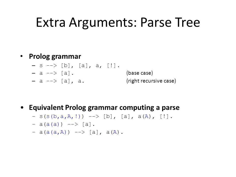 Extra Arguments: Parse Tree Prolog grammar – s --> [b], [a], a, [!].