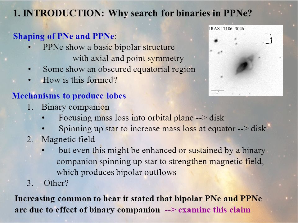 1. INTRODUCTION: Why search for binaries in PPNe.