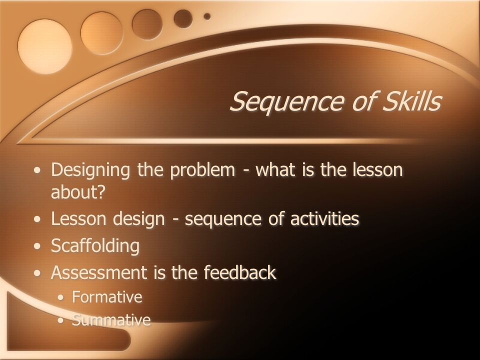 Sequence of Skills Designing the problem - what is the lesson about.