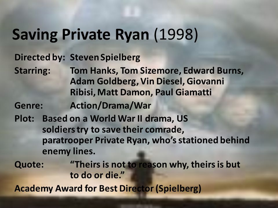 Saving Private Ryan (1998) Directed by:Steven Spielberg Starring:Tom Hanks, Tom Sizemore, Edward Burns, Adam Goldberg, Vin Diesel, Giovanni Ribisi, Matt Damon, Paul Giamatti Genre:Action/Drama/War Plot:Based on a World War II drama, US soldiers try to save their comrade, paratrooper Private Ryan, who’s stationed behind enemy lines.