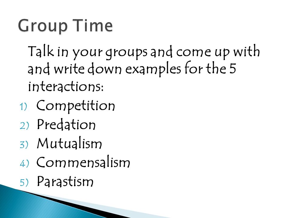 Talk in your groups and come up with and write down examples for the 5 interactions: 1) Competition 2) Predation 3) Mutualism 4) Commensalism 5) Parastism