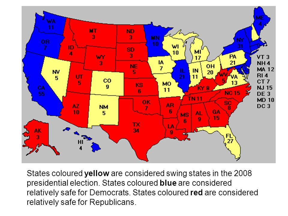 States coloured yellow are considered swing states in the 2008 presidential election.