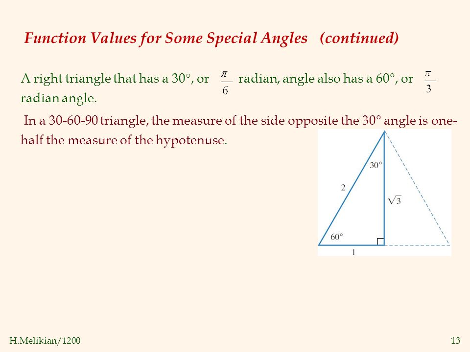 H.Melikian/ Function Values for Some Special Angles (continued) A right triangle that has a 30°, or radian, angle also has a 60°, or radian angle.