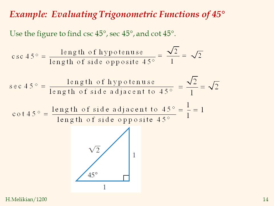 H.Melikian/ Example: Evaluating Trigonometric Functions of 45° Use the figure to find csc 45°, sec 45°, and cot 45°.