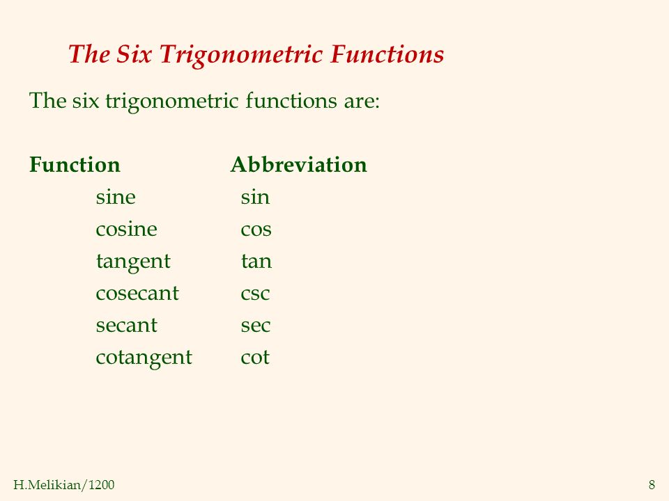 H.Melikian/12008 The Six Trigonometric Functions The six trigonometric functions are: FunctionAbbreviation sine sin cosine cos tangent tan cosecant csc secant sec cotangent cot