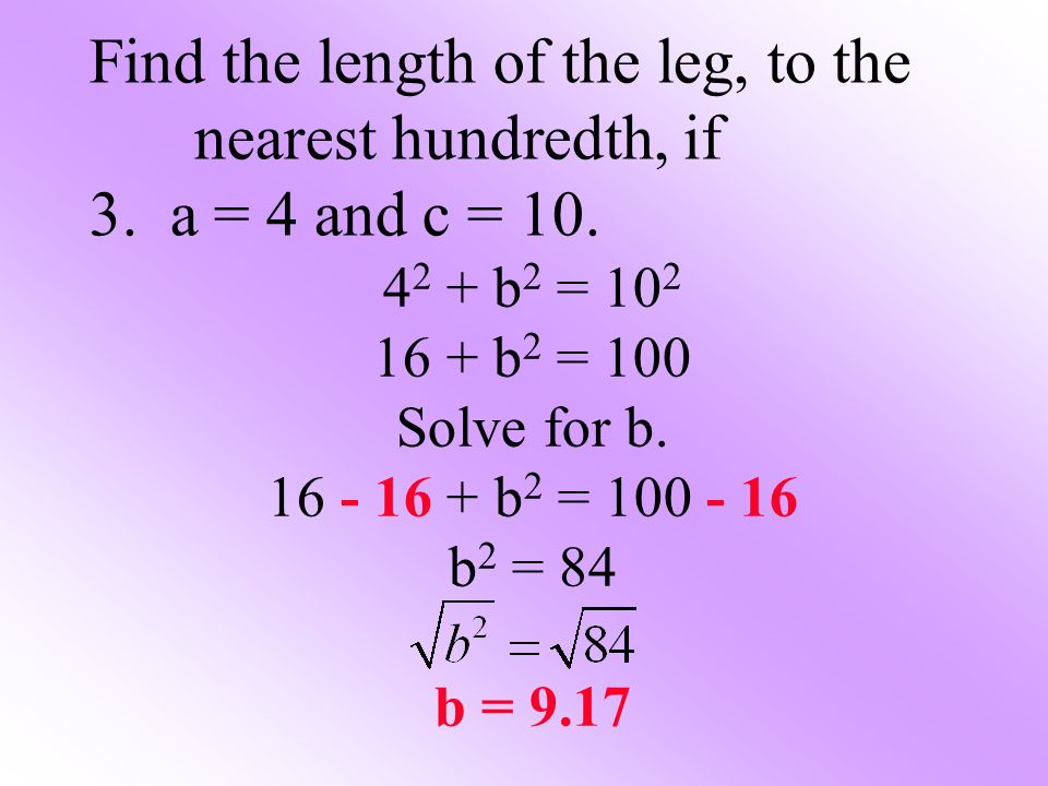 Find the length of the leg, to the nearest hundredth, if 3.