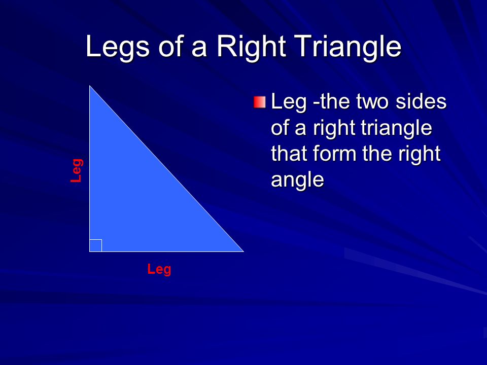 Legs of a Right Triangle Leg -the two sides of a right triangle that form the right angle Leg