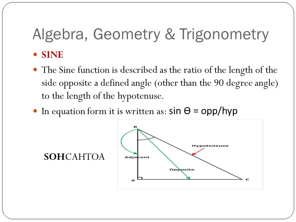 Algebra, Geometry & Trigonometry SINE The Sine function is described as the ratio of the length of the side opposite a defined angle (other than the 90 degree angle) to the length of the hypotenuse.
