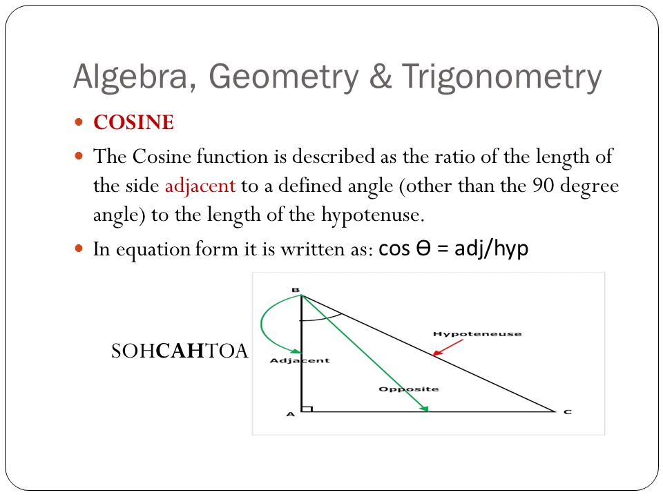 Algebra, Geometry & Trigonometry COSINE The Cosine function is described as the ratio of the length of the side adjacent to a defined angle (other than the 90 degree angle) to the length of the hypotenuse.
