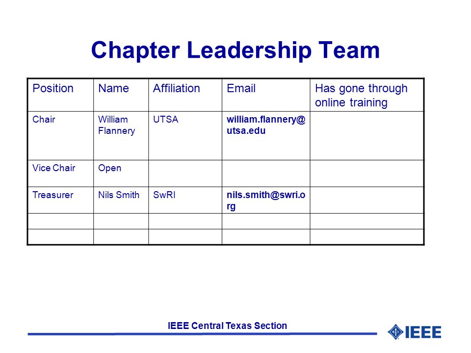 IEEE Central Texas Section Chapter Leadership Team PositionNameAffiliation Has gone through online training ChairWilliam Flannery utsa.edu Vice ChairOpen TreasurerNils rg