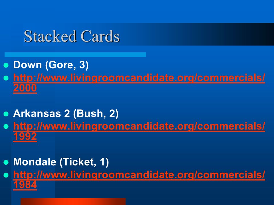 Stacked Cards Down (Gore, 3) Arkansas 2 (Bush, 2) Mondale (Ticket, 1)