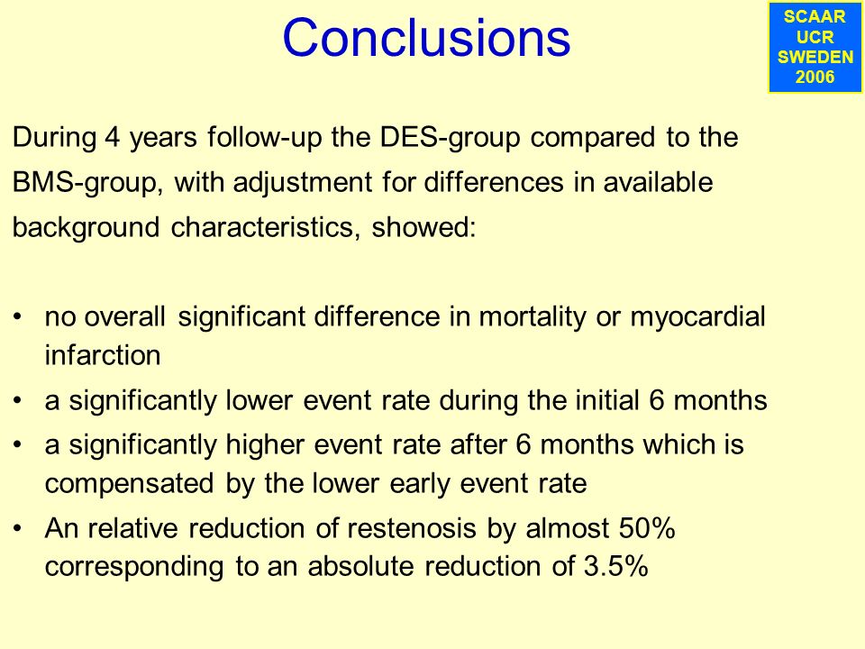SCAAR UCR SWEDEN 2007 Conclusions During 4 years follow-up the DES-group compared to the BMS-group, with adjustment for differences in available background characteristics, showed: no overall significant difference in mortality or myocardial infarction a significantly lower event rate during the initial 6 months a significantly higher event rate after 6 months which is compensated by the lower early event rate An relative reduction of restenosis by almost 50% corresponding to an absolute reduction of 3.5% SCAAR UCR SWEDEN 2006