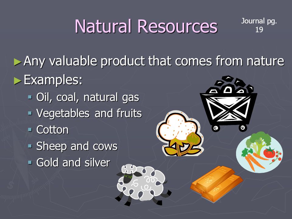 Natural Resources ► Any valuable product that comes from nature ► Examples:  Oil, coal, natural gas  Vegetables and fruits  Cotton  Sheep and cows  Gold and silver Journal pg.