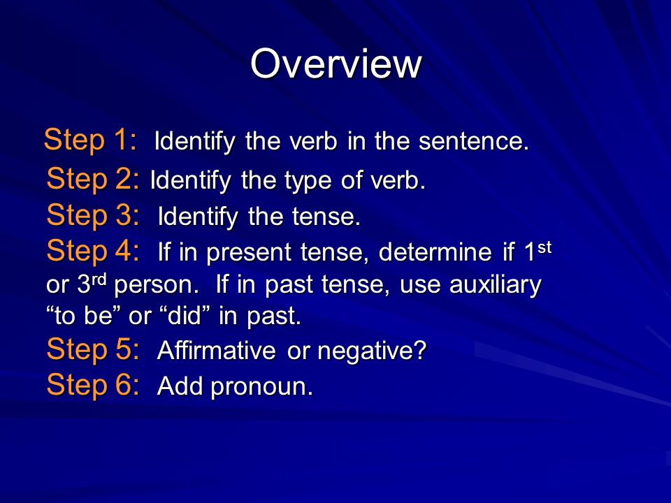 Overview Step 1: Identify the verb in the sentence.