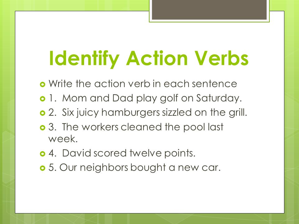 Identify Action Verbs  Write the action verb in each sentence  1.