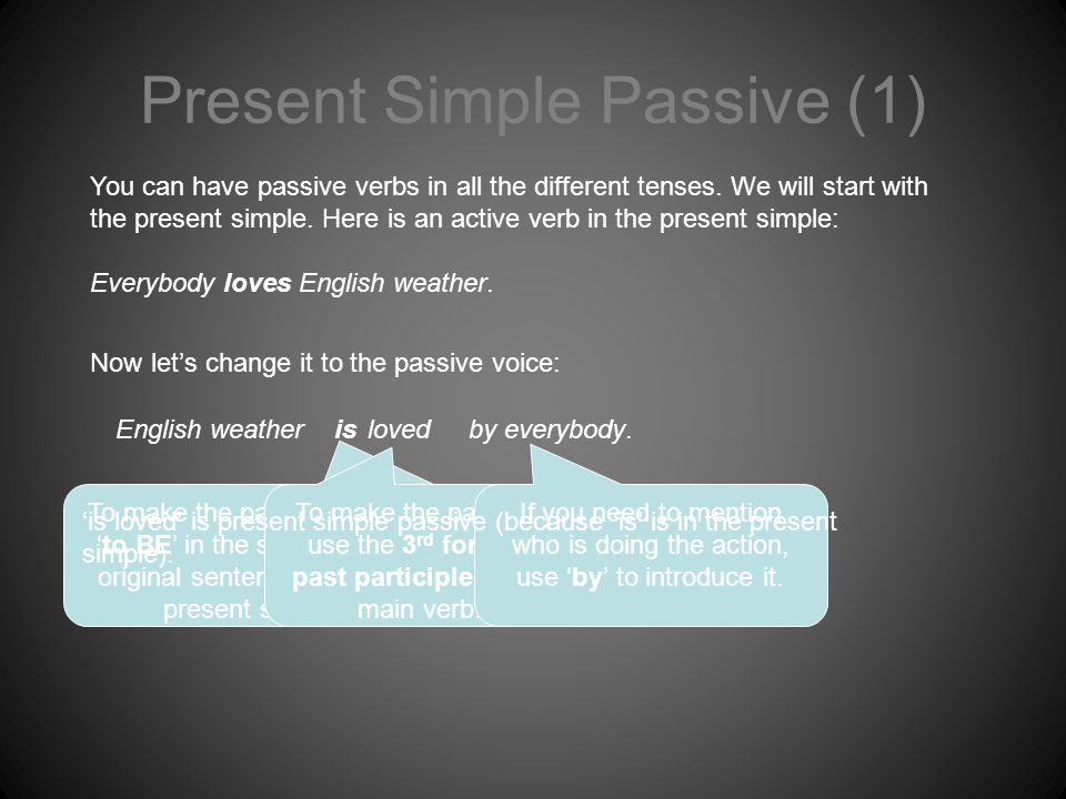 Present Simple Passive (1) English weather You can have passive verbs in all the different tenses.
