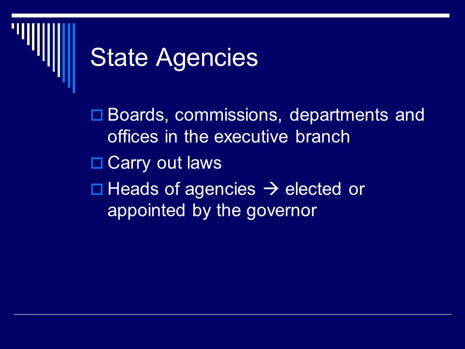 State Agencies  Boards, commissions, departments and offices in the executive branch  Carry out laws  Heads of agencies  elected or appointed by the governor