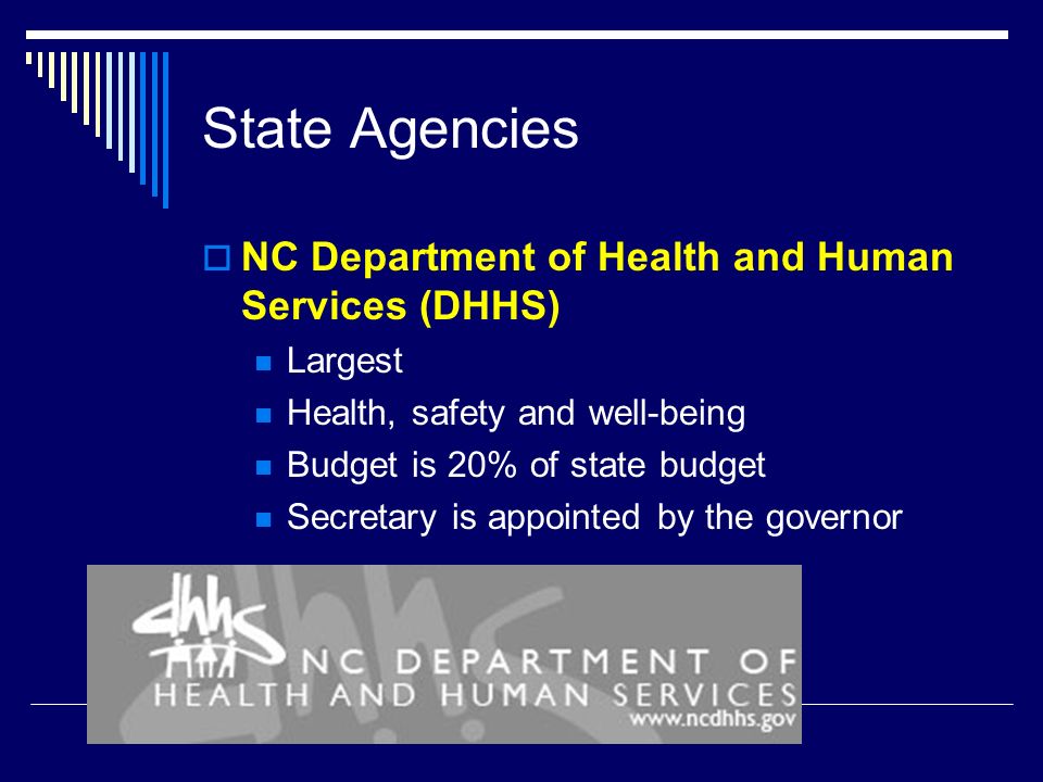 State Agencies  NC Department of Health and Human Services (DHHS) Largest Health, safety and well-being Budget is 20% of state budget Secretary is appointed by the governor