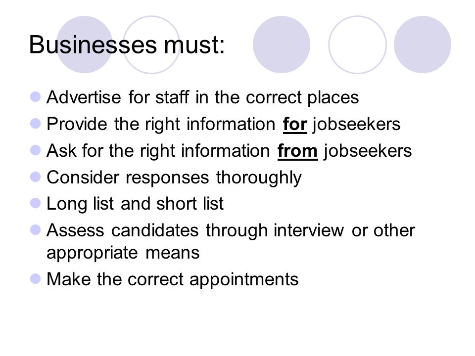 Businesses must: Advertise for staff in the correct places Provide the right information for jobseekers Ask for the right information from jobseekers Consider responses thoroughly Long list and short list Assess candidates through interview or other appropriate means Make the correct appointments