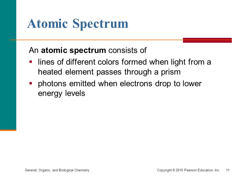 General, Organic, and Biological Chemistry Copyright © 2010 Pearson Education, Inc.11 Atomic Spectrum An atomic spectrum consists of  lines of different colors formed when light from a heated element passes through a prism  photons emitted when electrons drop to lower energy levels