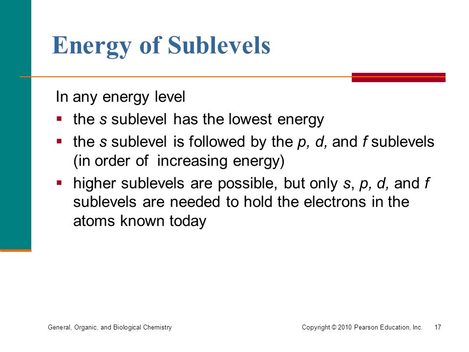 General, Organic, and Biological Chemistry Copyright © 2010 Pearson Education, Inc.17 Energy of Sublevels In any energy level  the s sublevel has the lowest energy  the s sublevel is followed by the p, d, and f sublevels (in order of increasing energy)  higher sublevels are possible, but only s, p, d, and f sublevels are needed to hold the electrons in the atoms known today