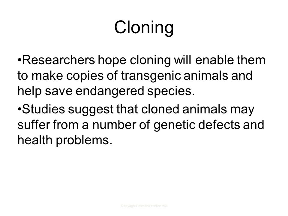 Copyright Pearson Prentice Hall Cloning Researchers hope cloning will enable them to make copies of transgenic animals and help save endangered species.