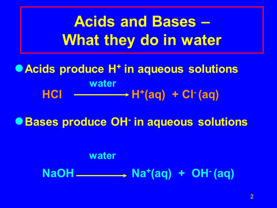 2 Acids and Bases – What they do in water Acids produce H + in aqueous solutions water HCl H + (aq) + Cl - (aq) Bases produce OH - in aqueous solutions water NaOH Na + (aq) + OH - (aq)