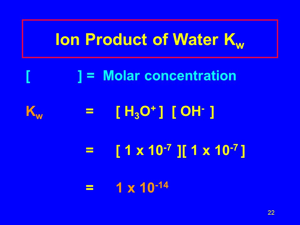 22 Ion Product of Water K w [ ] = Molar concentration K w = [ H 3 O + ] [ OH - ] = [ 1 x ][ 1 x ] = 1 x
