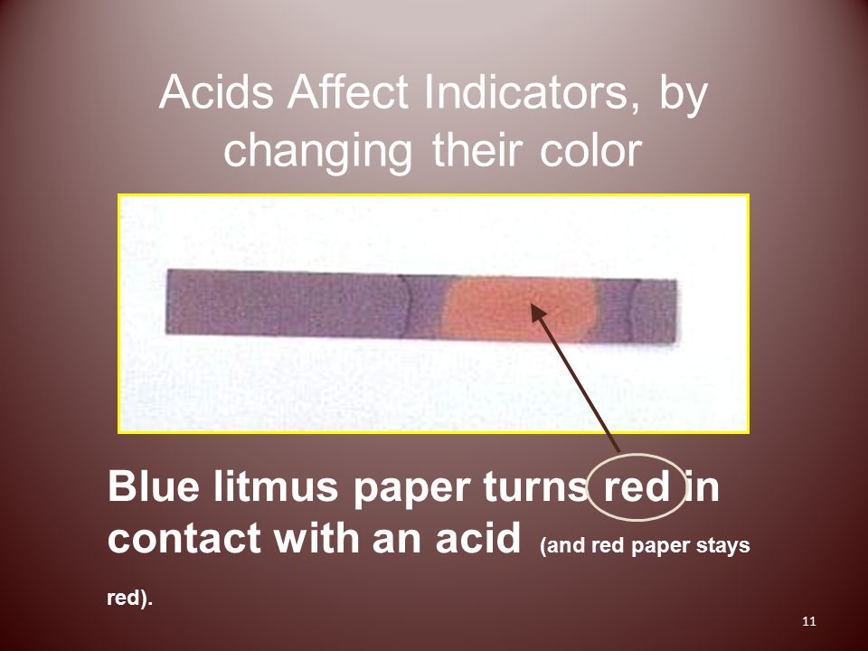 Acids Affect Indicators, by changing their color Blue litmus paper turns red in contact with an acid (and red paper stays red).