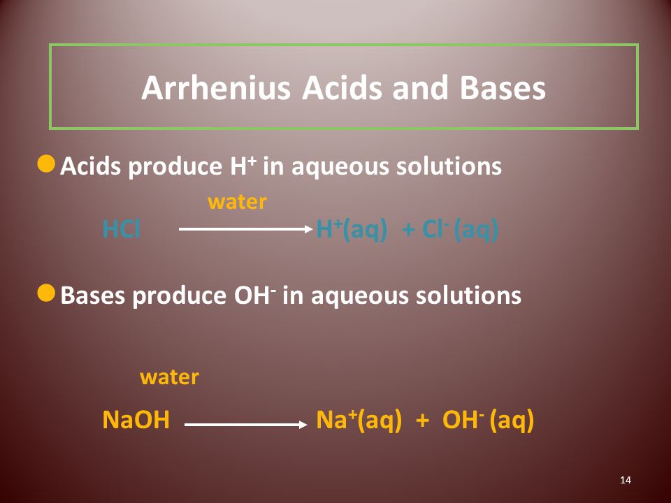 14 Arrhenius Acids and Bases Acids produce H + in aqueous solutions water HCl H + (aq) + Cl - (aq) Bases produce OH - in aqueous solutions water NaOH Na + (aq) + OH - (aq)