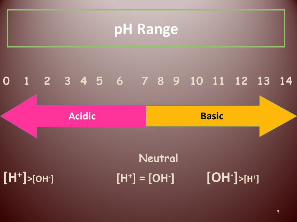 3 pH Range Neutral [H + ] > [OH - ] [H + ] = [OH - ] [OH - ] > [H + ] Acidic Basic