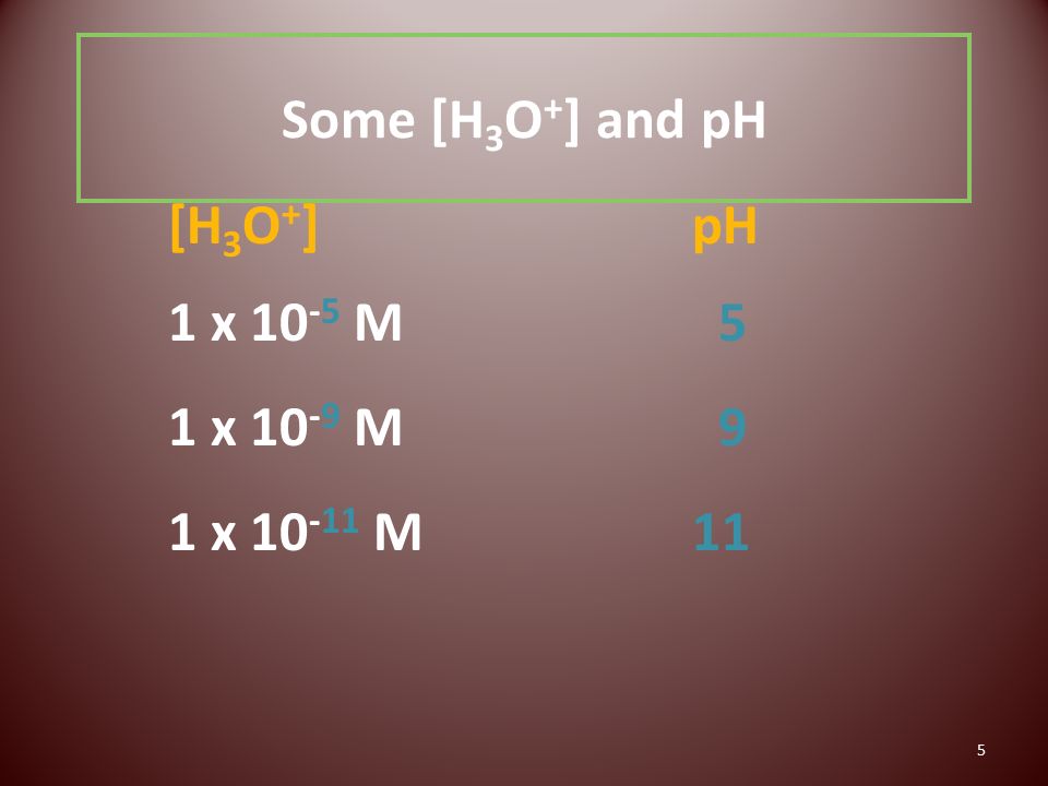 5 Some [H 3 O + ] and pH [H 3 O + ] pH 1 x M 5 1 x M 9 1 x M 11