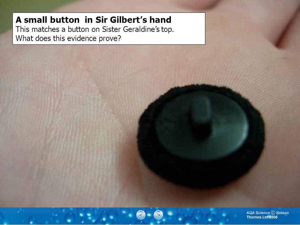 A small button in Sir Gilbert’s hand This matches a button on Sister Geraldine’s top.