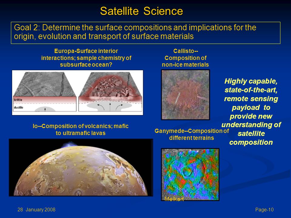 28 January 2008 Page-10 Goal 2: Determine the surface compositions and implications for the origin, evolution and transport of surface materials Satellite Science Europa-Surface interior interactions; sample chemistry of subsurface ocean.