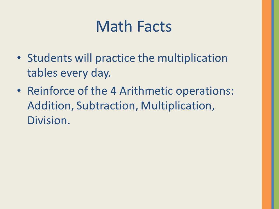 Math Facts Students will practice the multiplication tables every day.