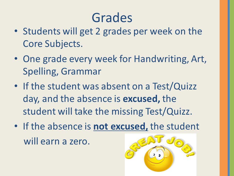 Grades Students will get 2 grades per week on the Core Subjects.