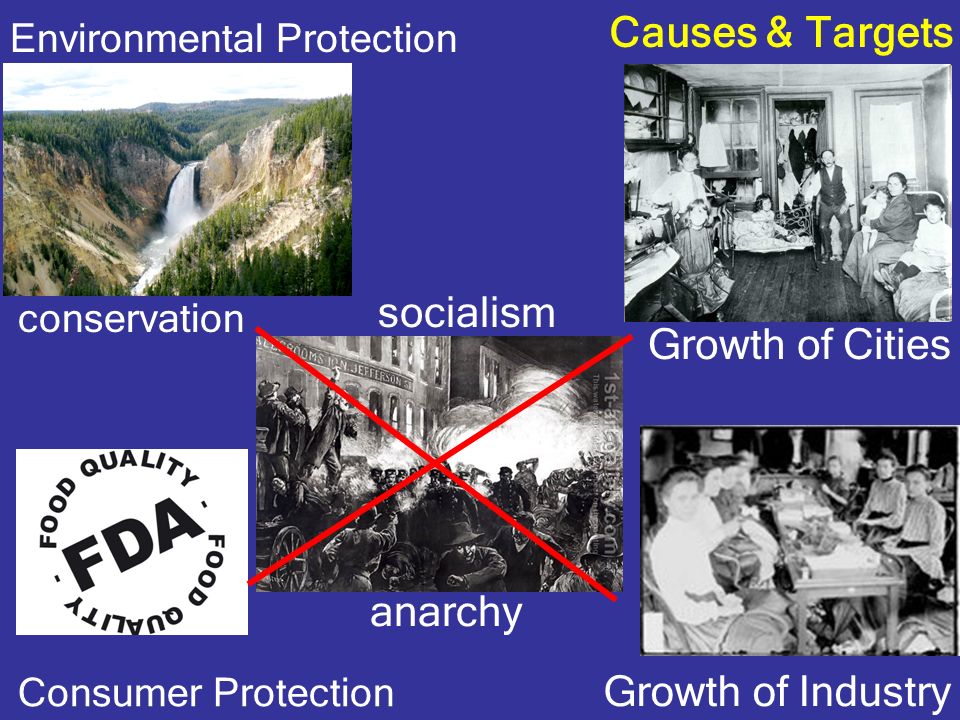 Causes & Targets conservation Growth of Industry Growth of Cities Consumer Protection Environmental Protection socialism anarchy